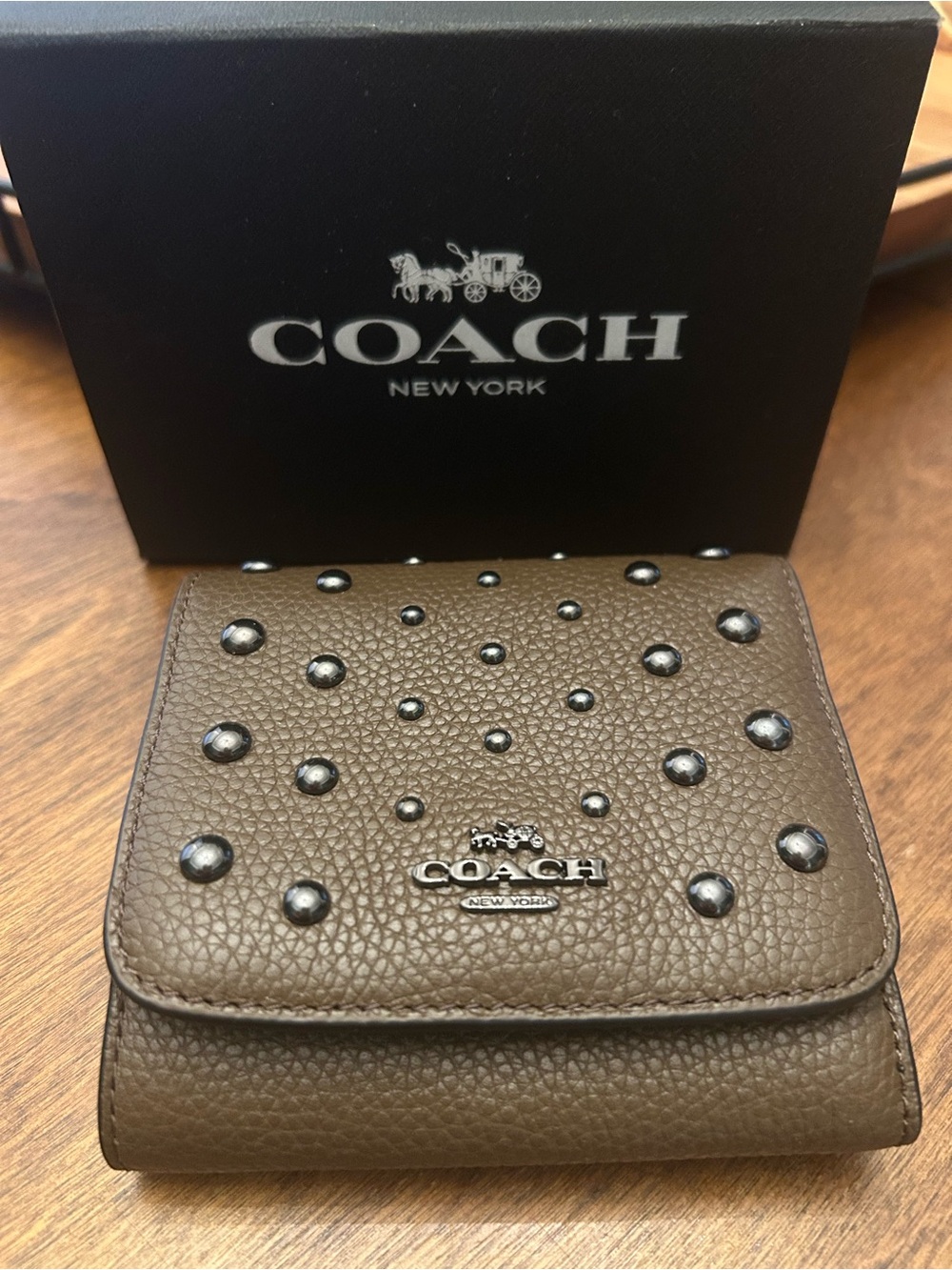 COACH Taupe/Brown Pebbled Leather Studded Compact Wallet